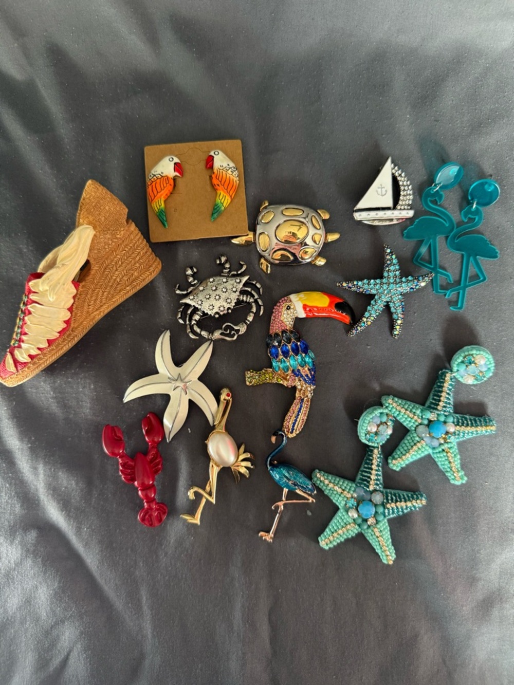 Assorted Tropical Statement Pins, Brooches, and Earrings - Beach/Nautical